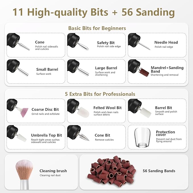 Cordless Nail Drill Electric Rechargeable File Kit, Professional Efile Acrylic Gel Nail Polish Remover Pedicure Manicure Machine Portable Set with 11 Bits 56 Sanding Bands for Salon Black