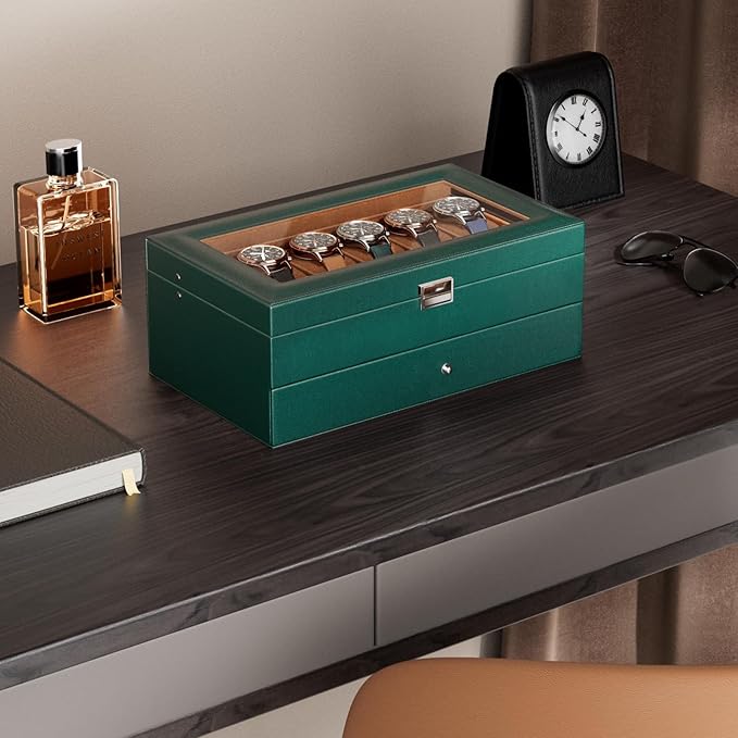 ProCase Watch Box, 12 Slot Mens Watch Case With Drawer, 2-Layer Watch Display Case With Glass Lid, Mens Jewelry Box Storage Holder Organizer, Birthday Valentine Gifts for Men -12Slot, MidnightGreen