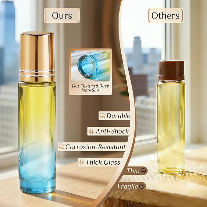 PrettyCare 24 Pack, 10 ml Essential Oil Roller Bottles with Stainless Steel Roller Ball - Refillable Leak-proof Empty Thick Blue& Yellow Glass Roll on Bottles with Golden Caps for Travel, Perfume