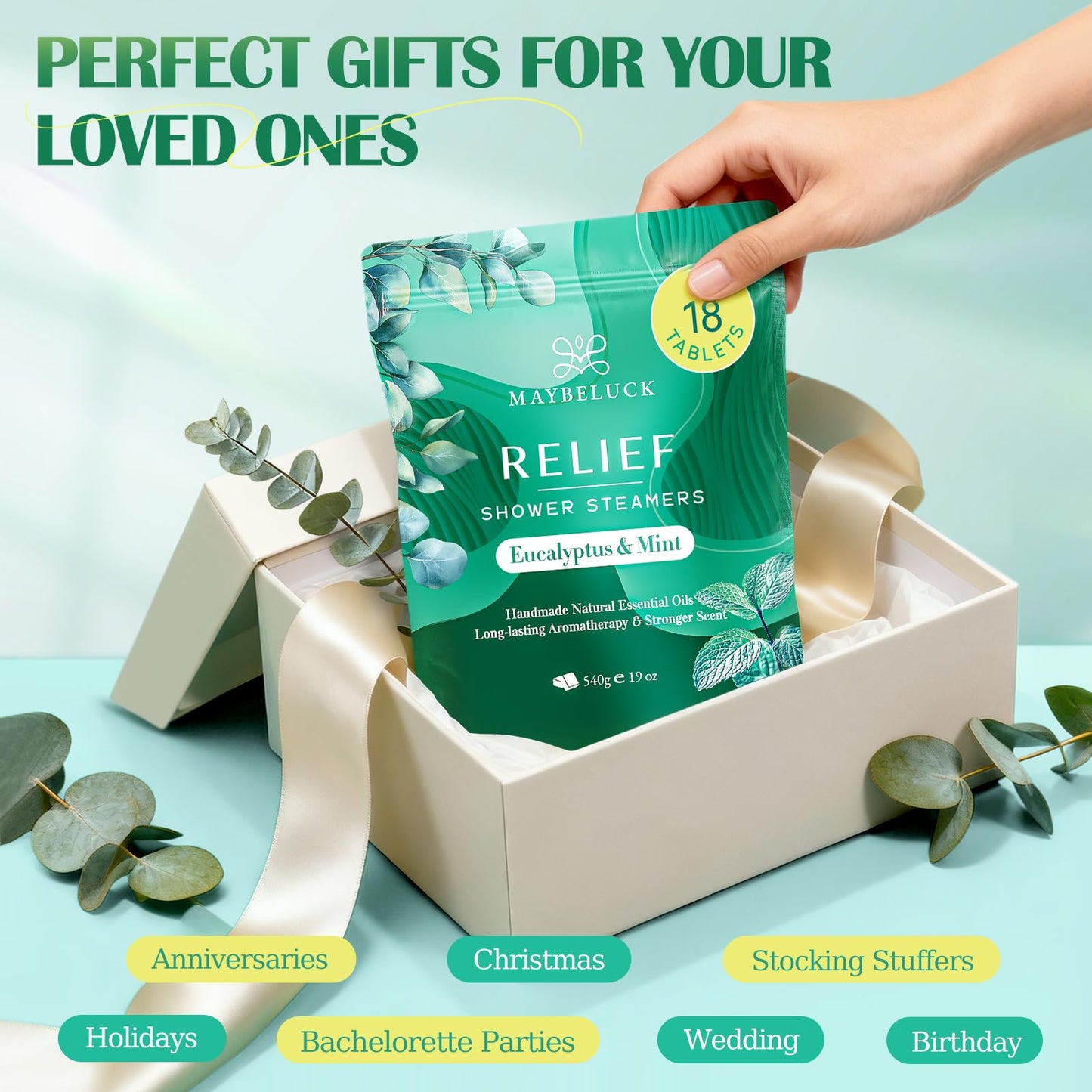 Eucalyptus Mint Shower Steamers Aromatherapy 18 Pack - Includes Easy Opener, Eucalyptus for Shower, Stocking Stuffers, Christmas Gifts & Birthday Gifts for Women, White Elephant Gifts for Adults
