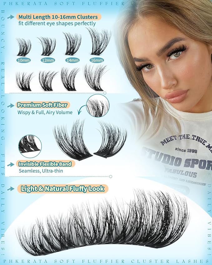 PHKERATA Fluffy Lash Clusters Wispy Eyelash Clusters, Volume Cluster Eyelash Extensions, DIY Individual Lashes with Soft Thin Band for Natural Look 162Pcs, 10-16mm