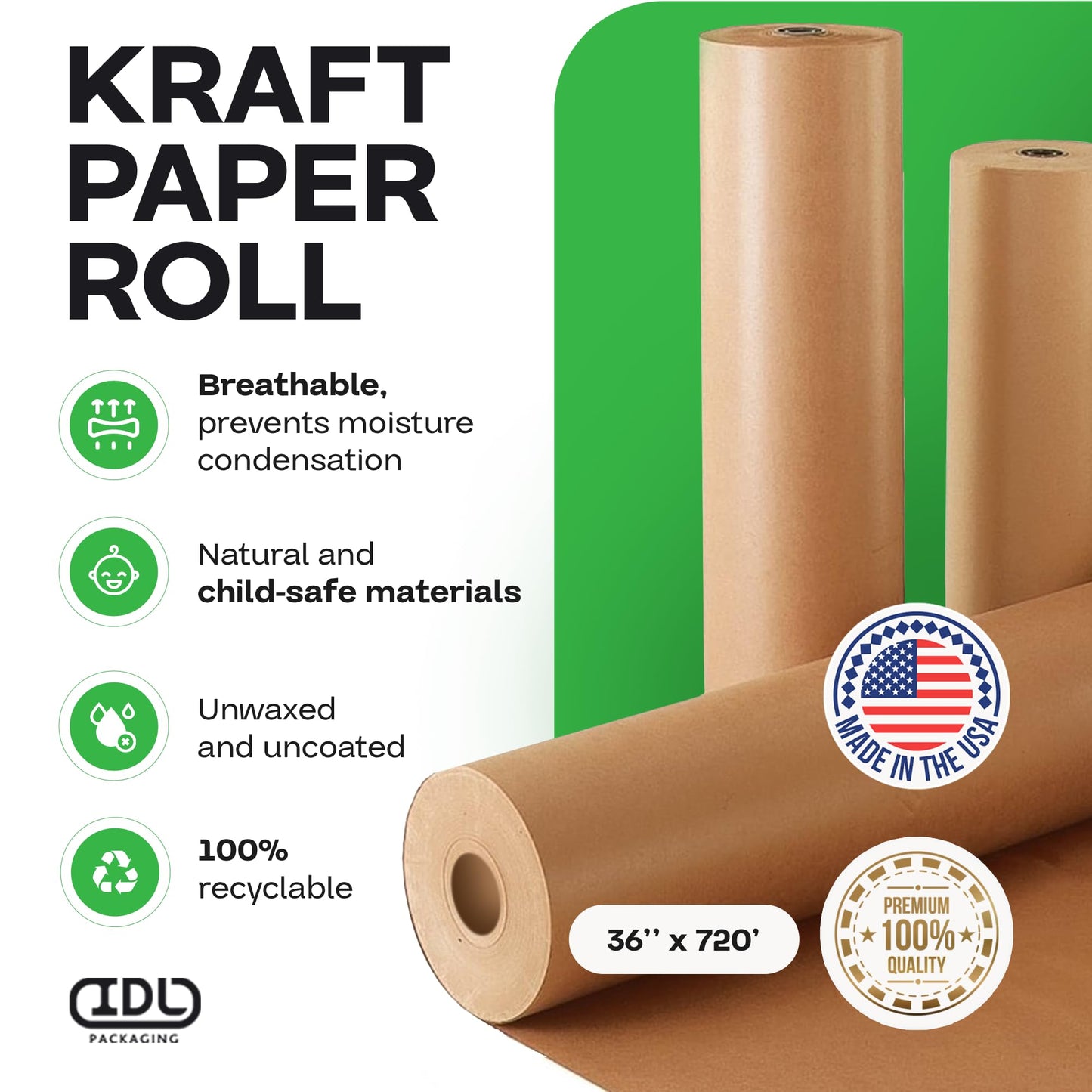 IDL Packaging 36" x 8640" (720 feet) - Brown Kraft Paper Roll - 50lb Thickness - USA-Made Heavy Duty Paper for Packing, Moving, Shipping, Crafts - 100% Recyclable Natural Kraft Wrapping Paper
