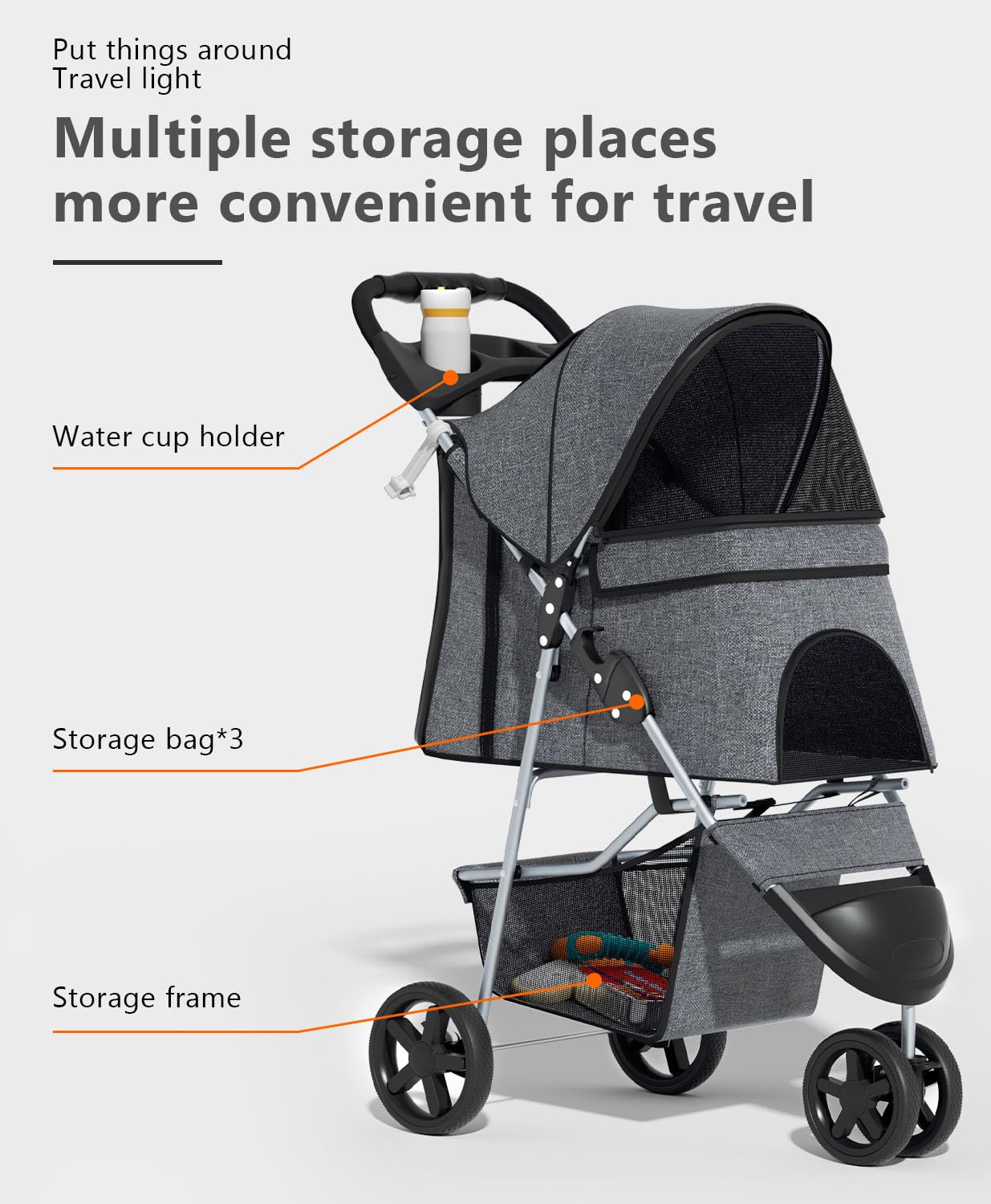 OS MOTOR Pet Stroller with 3 Wheels for Small/Medium Pets, Portable Travel Foldable Carrier Jogger for Dog Cat Puppy Kitty, Rear Wheel Breaks, Storage Basket, Visible Mesh with Weather Cover (Gray)