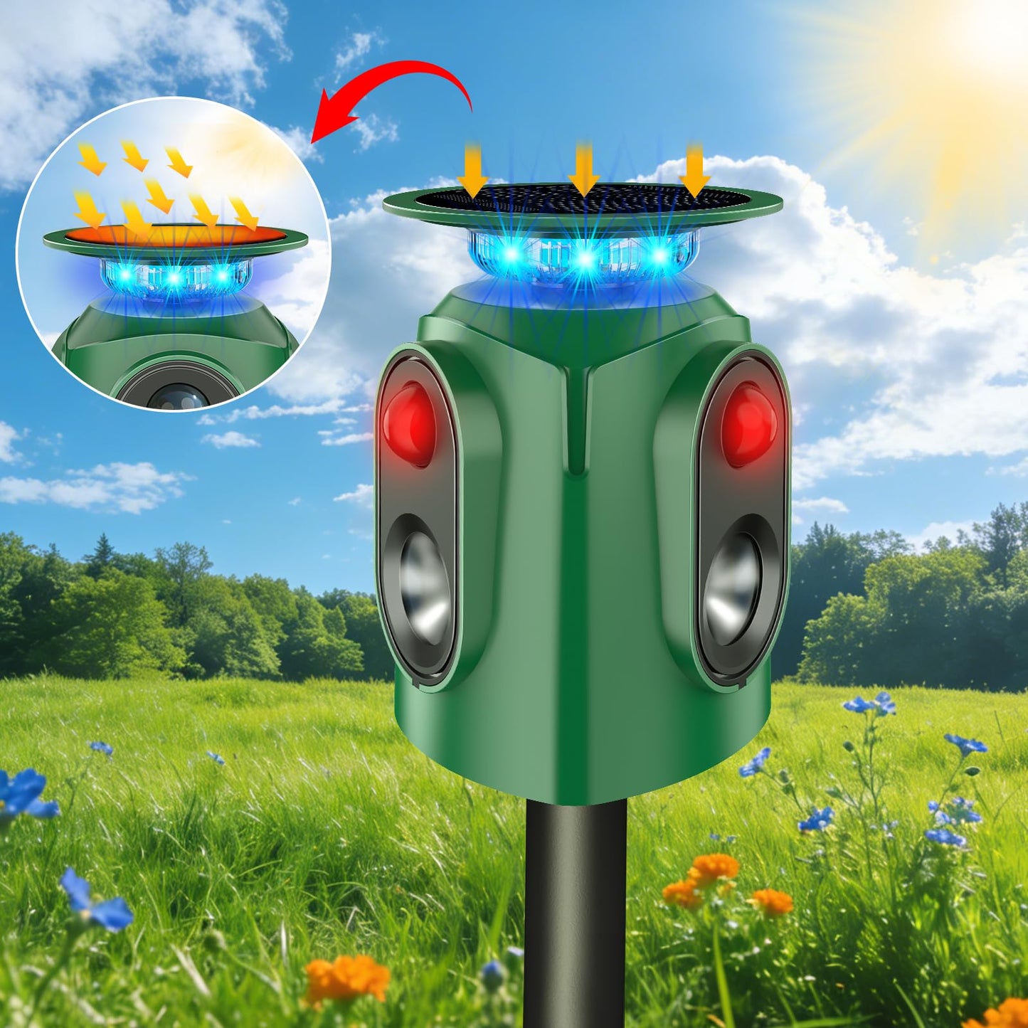 Ultrasonic Animal Repeller Outdoor - Cat Repellent & Deer Deterrent with PIR Sensor & Solar Powered,360° Protection Against for Squirrels, Dog, Deer, Raccoons, Skunks, Rabbits in Garden,Yard, Farm