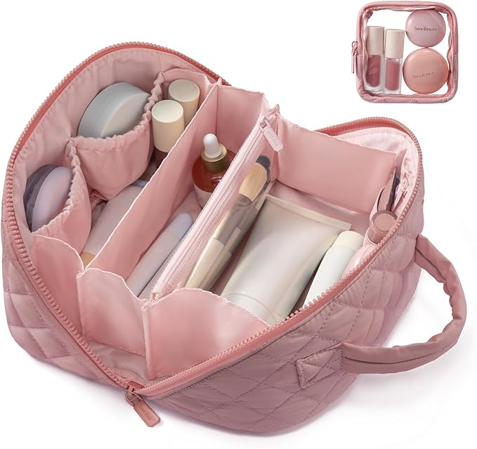 LOVEVOOK Travel Makeup Bag for Women, 2Pcs Puffer Waterproof Cosmetic Organizer, Large Capacity Pouch Open Flat Small Toiletry Bag with Brush Compartment & Handle (Red Bean Paste, Medium)