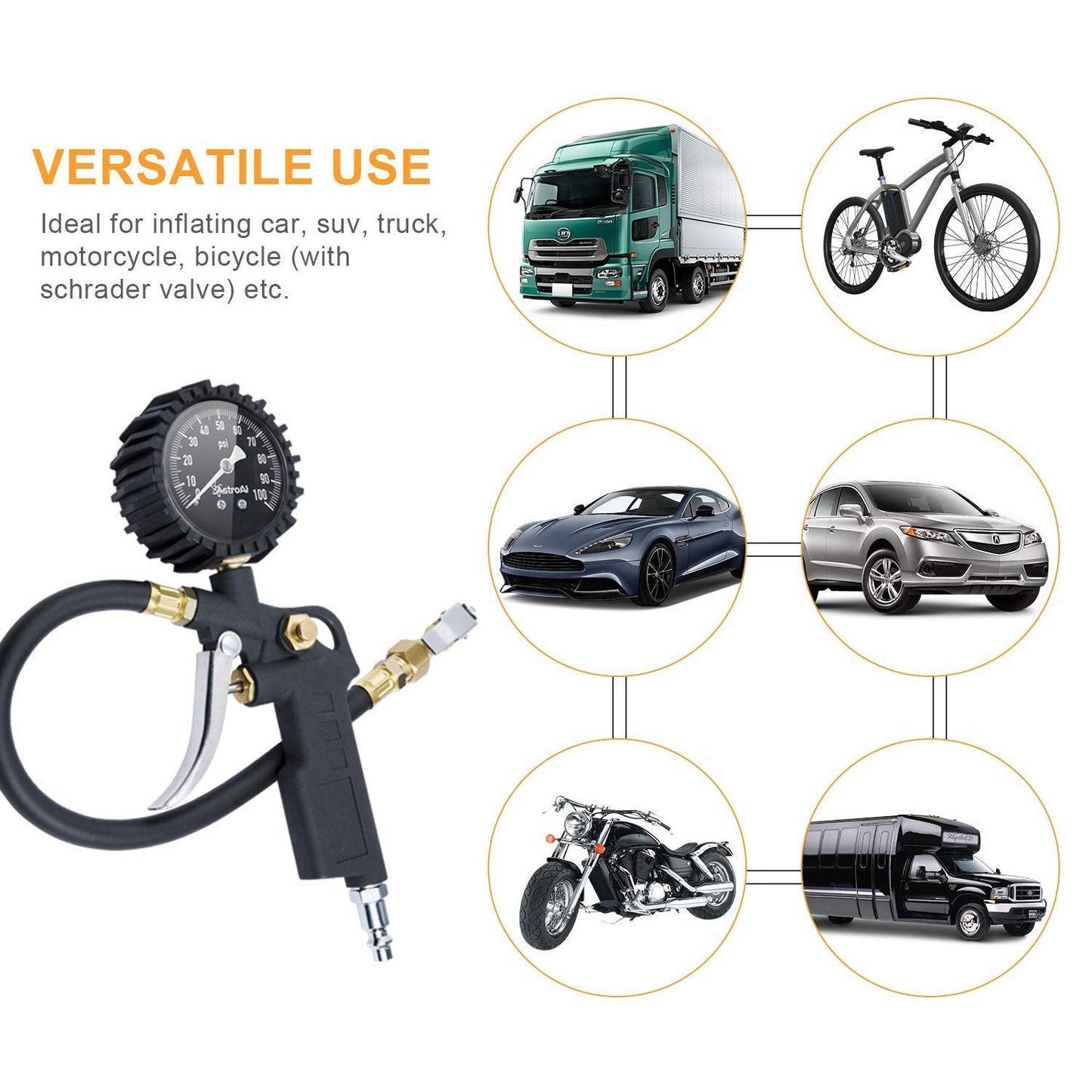 AstroAI Tire Pressure Gauge with Inflator, 100 PSI-ANSI B40.1 Accurate, Large 2.5" Easy Read Glow Dial, Heavy Duty Air Chuck and Compressor Accessories for Truck, with Case