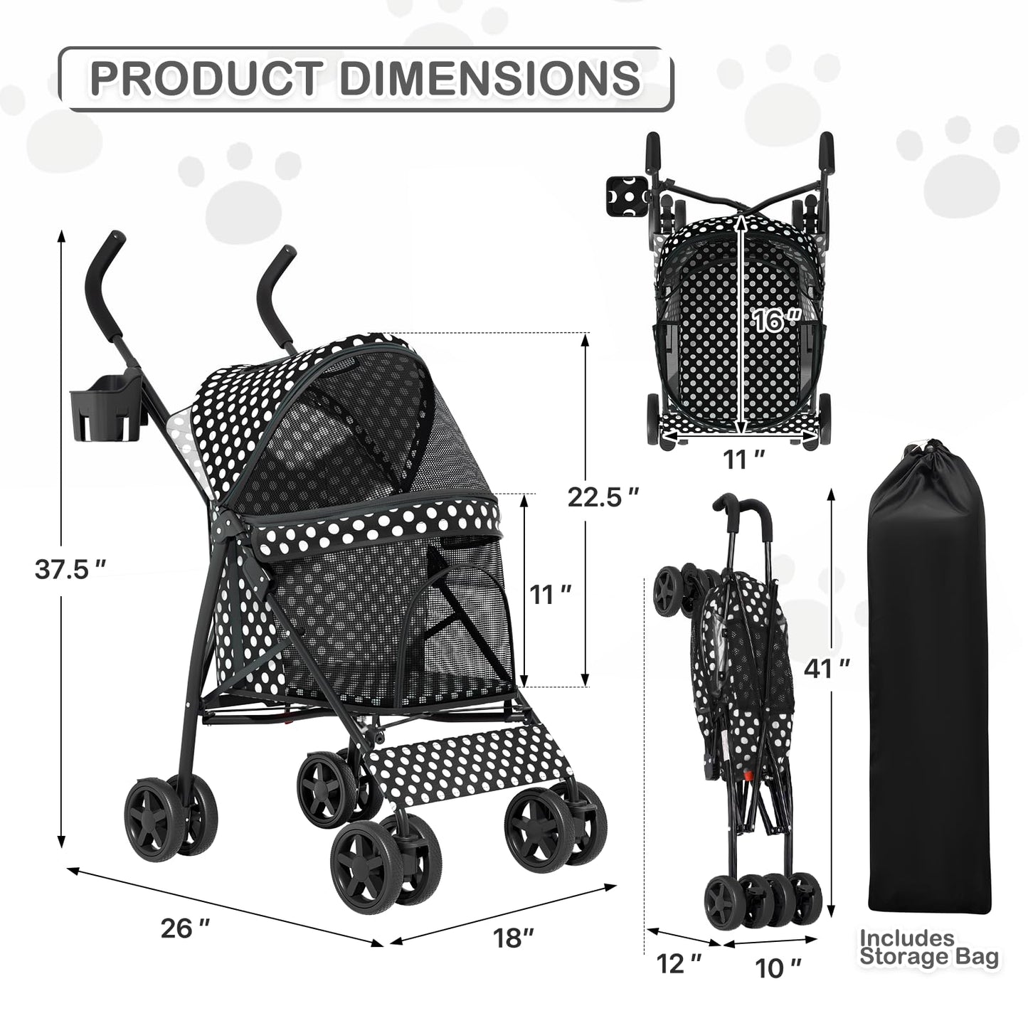 MoNiBloom 4 Wheels Pet Stroller, Easy-Fold Umbrella Shaped Dog Cat Jogger Stroller w/Storage Bag & Visible Mesh for Small/Medium Dogs Cats Black Polka Dots