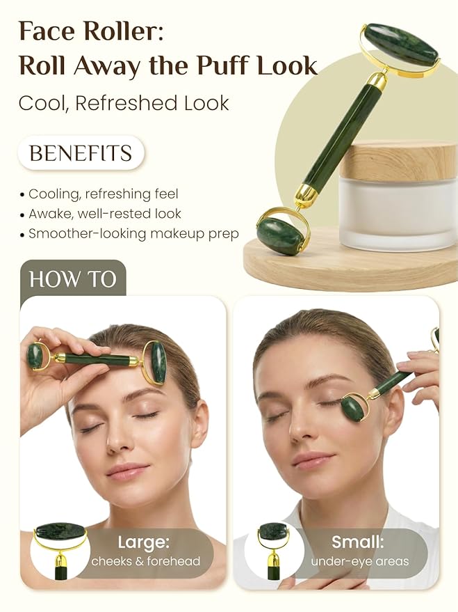 Rena Chris Gua Sha and Face Roller Set: Face Skin Care Tools with Facial Cleansing Brush, 2 Silicone Scrubber Pads & Face Sponge, Travel Bag, Self Care Gift