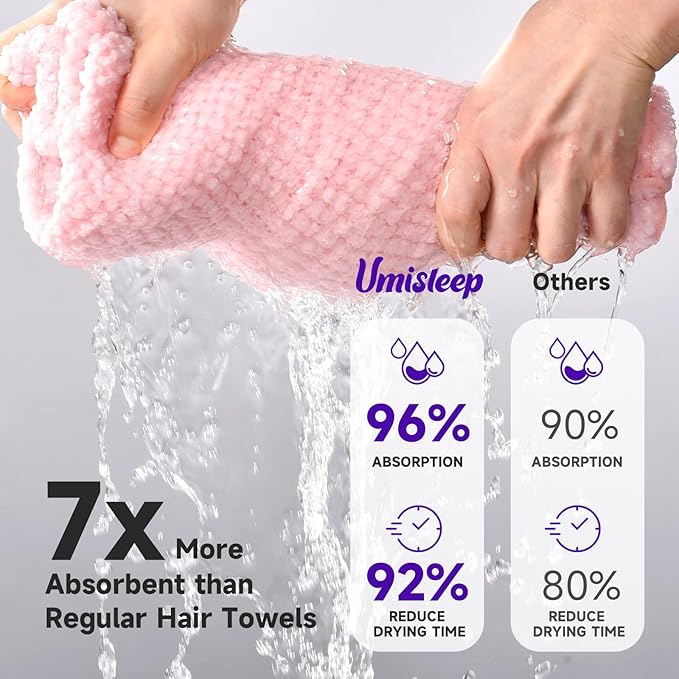 Umisleep Extra Large Microfiber Hair Towel for Women Curly, Long, Thick Hair, 2 Pack Ultra Absorbent Hair Drying Towel Wrap, Super Soft Anti Frizz Hair Turban with Elastic Loop (White, Pink)
