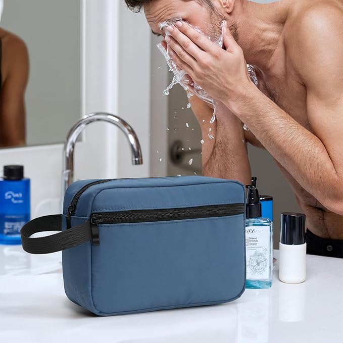 Travel Hanging Toiletry Bag with Carry Handle - Water-Resistant Small Cosmetic Organizer for Men & Women, Makeup, Shaving Kit, Gym & Travel Essentials (Navy Blue)