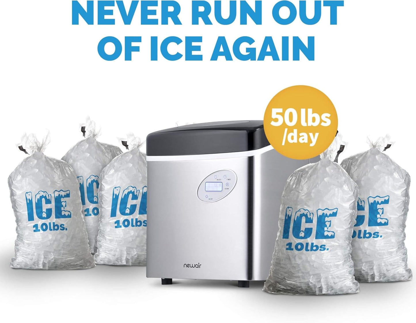 NewAir 50 lb. Countertop Ice Maker | Portable Bullet Ice Machine | 12 Cubes in 7 Minutes, 3 Ice Sizes | Stainless Steel, Self-Cleaning, BPA-Free