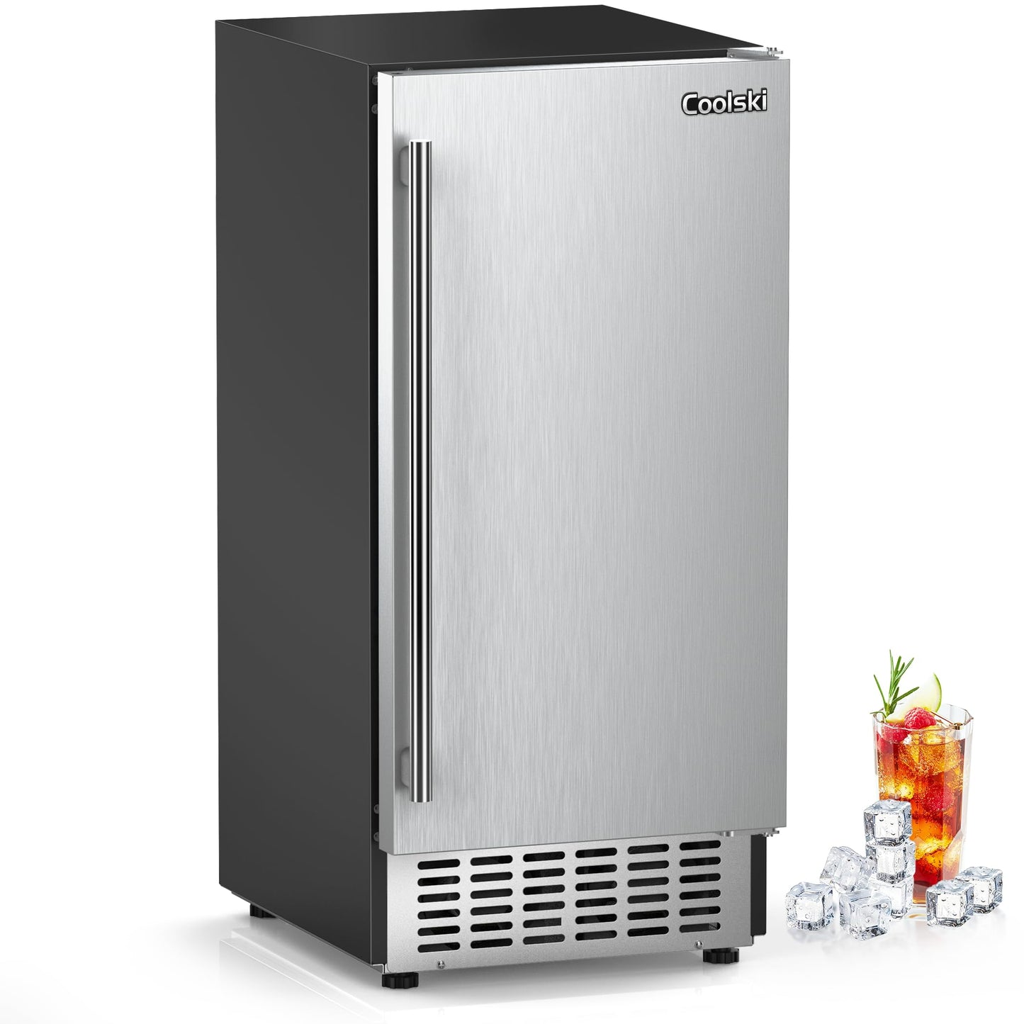 Coolski 130Lbs/ Day Under Counter Ice Maker Machine, Stainless Steel Built-in Freestanding Ice Maker with 30LBS Ice Storage, Perfect for Commercial & Home Use, 15 Inch Wide