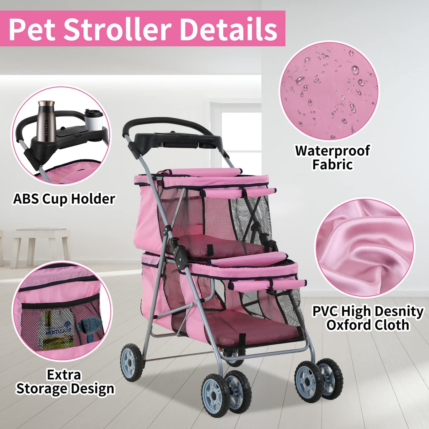 Dog Stroller 4 Wheels Cat Stroller Double Layer Pet Strollers Pet Carriers Jogger Strollers for Medium Dogs Cats Travel Camping Strolling Cart with Cup Holder Removable Liner, Pink