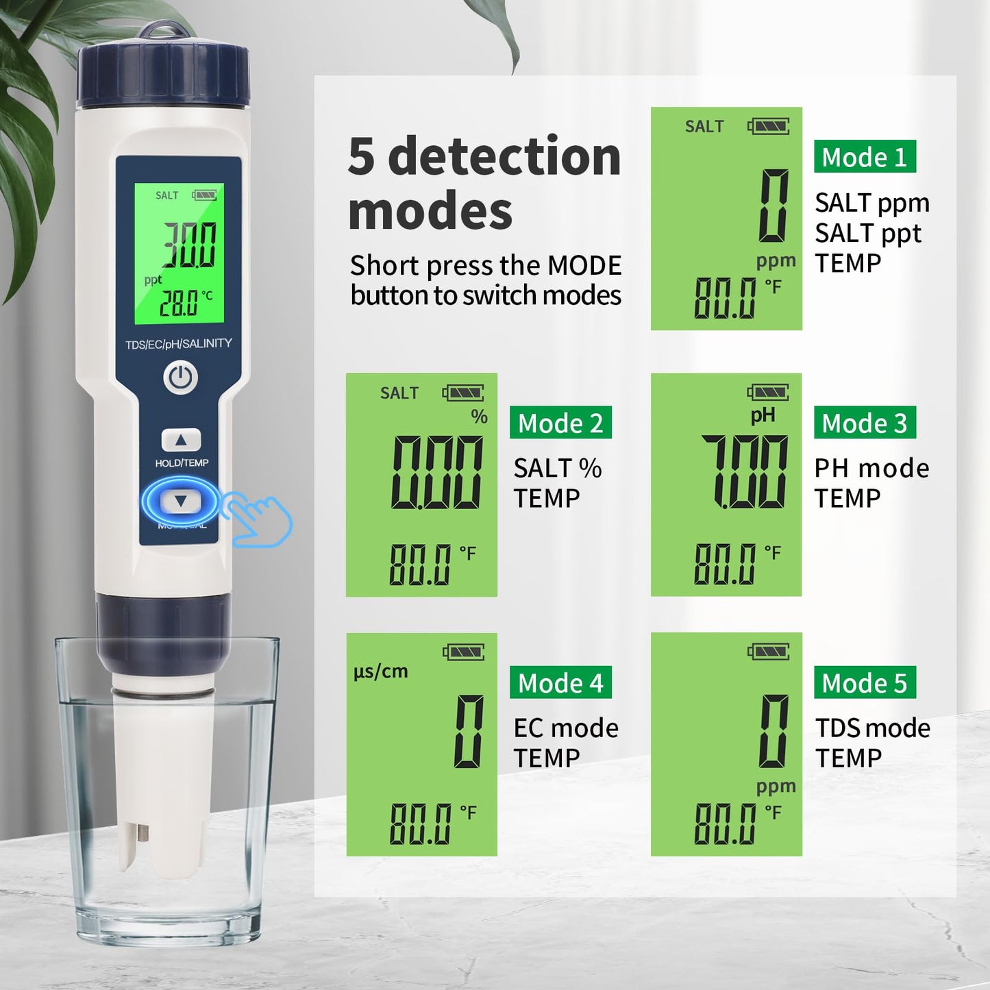 Pool Salt Tester,Digital Pool Water Tester,Accurate and Reliable,Salinity, pH Meter, EC, TDS, and Temperature 5 in 1;Salt Water Pool Testing kit, Used for Pool Salt and hydroponic Plants