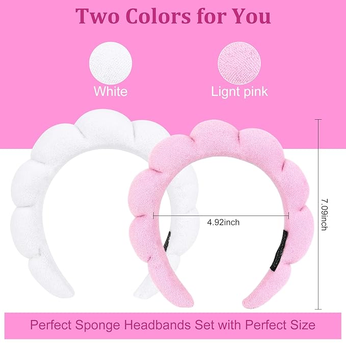 AMCAMI Puffy Spa Headband for Women 2 PCS Sponge Headbands for Girls Terry Towel Cloth Fabric Head Band for Skincare,Makeup Removal,Face Washing,Facial Mask,Shower,Hair Accessories（White&Light Pink）