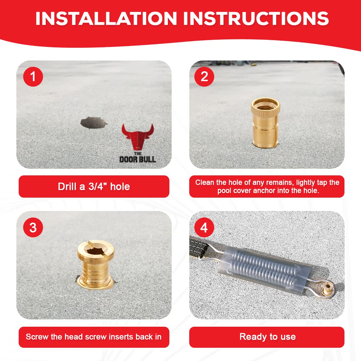 The Door Bull Brass Pool Cover Anchors for Concrete & Pavers Deck, Universal Size Fits 3/4" Hole, Ideal for Inground Pool Safety Covers, Durable & Easy to Install (5 Pack)