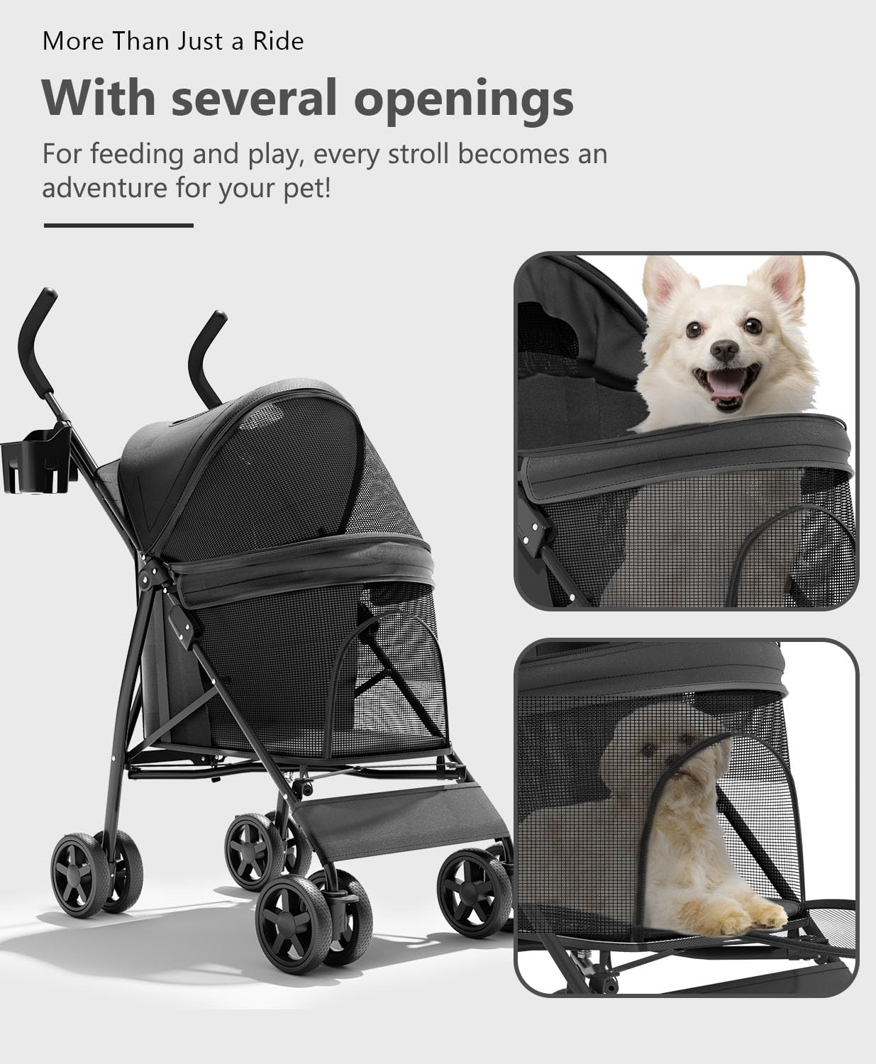 OS MOTOR Pet Stroller with 4 Wheels for Small/Medium Pets, Portable Travel Foldable Carrier Jogger for Dog Cat Puppy Kitty, Rear Wheel Breaks, Storage Basket, Visible Mesh with Weather Cover (Black)