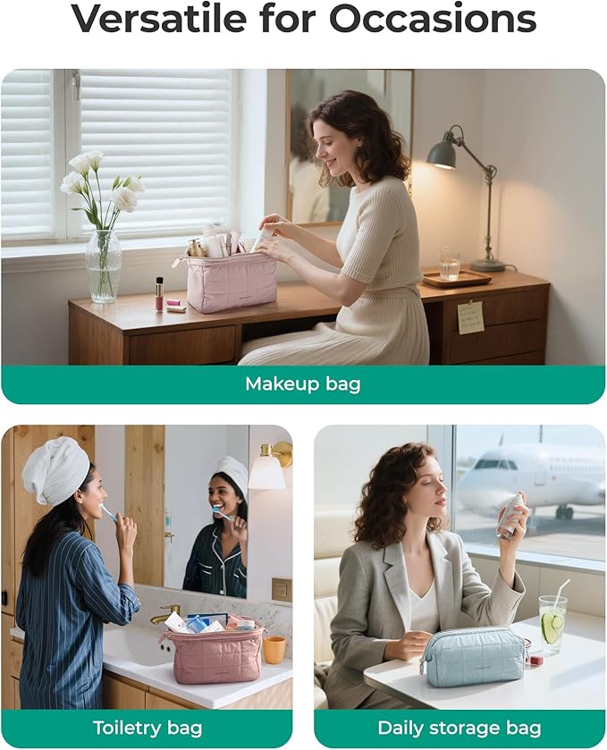 BAGSMART Makeup Bag Travel Cosmetic Bag, Puffy Padded Make Up Bags for Women Makeup Organizer Case, Wide-open Pouch Purse Travel Essentials Toiletries Accessories Brushes, Teal