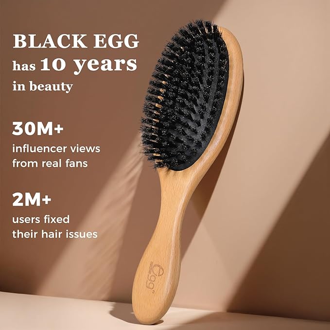 BLACK EGG Boar Bristle Hair Brush for Women Men Kid, Soft Natural Bristles Brush for Thin and Fine Hair, Restore Shine and Texture, Set includes Bamboo comb and 3 hair ties, Valentine’s Day Gift