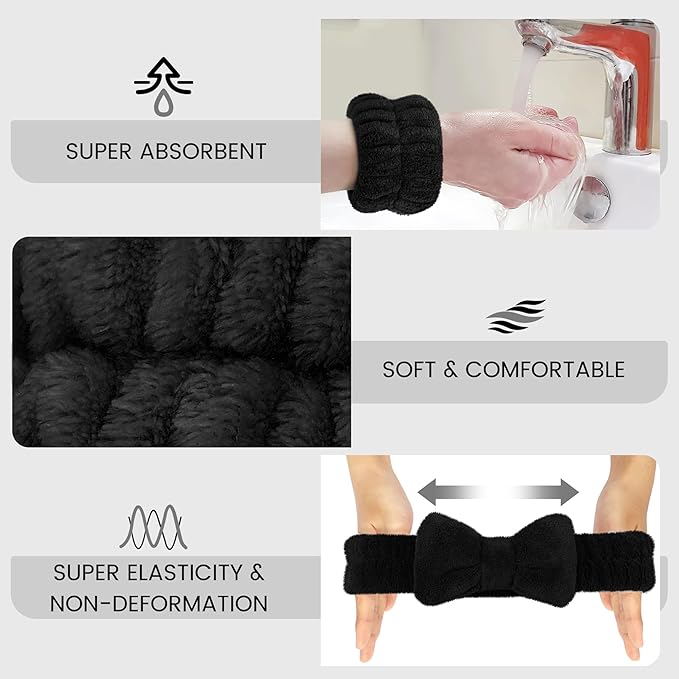 Crosize Headbands and Wristbands Set for Washing Face, Spa, Skincare, Gift for Women and Girls, with Powder Puffs, Black