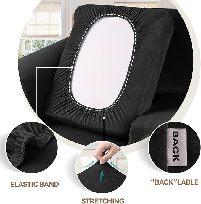 WEERRW Velvet Stretch Chair Sofa Slipcover - 2 Pieces Luxury Soft Velvet Plush Couch Cover Furniture Protector with Elastic Bottom for Pets, Machine Washable, Black, Small