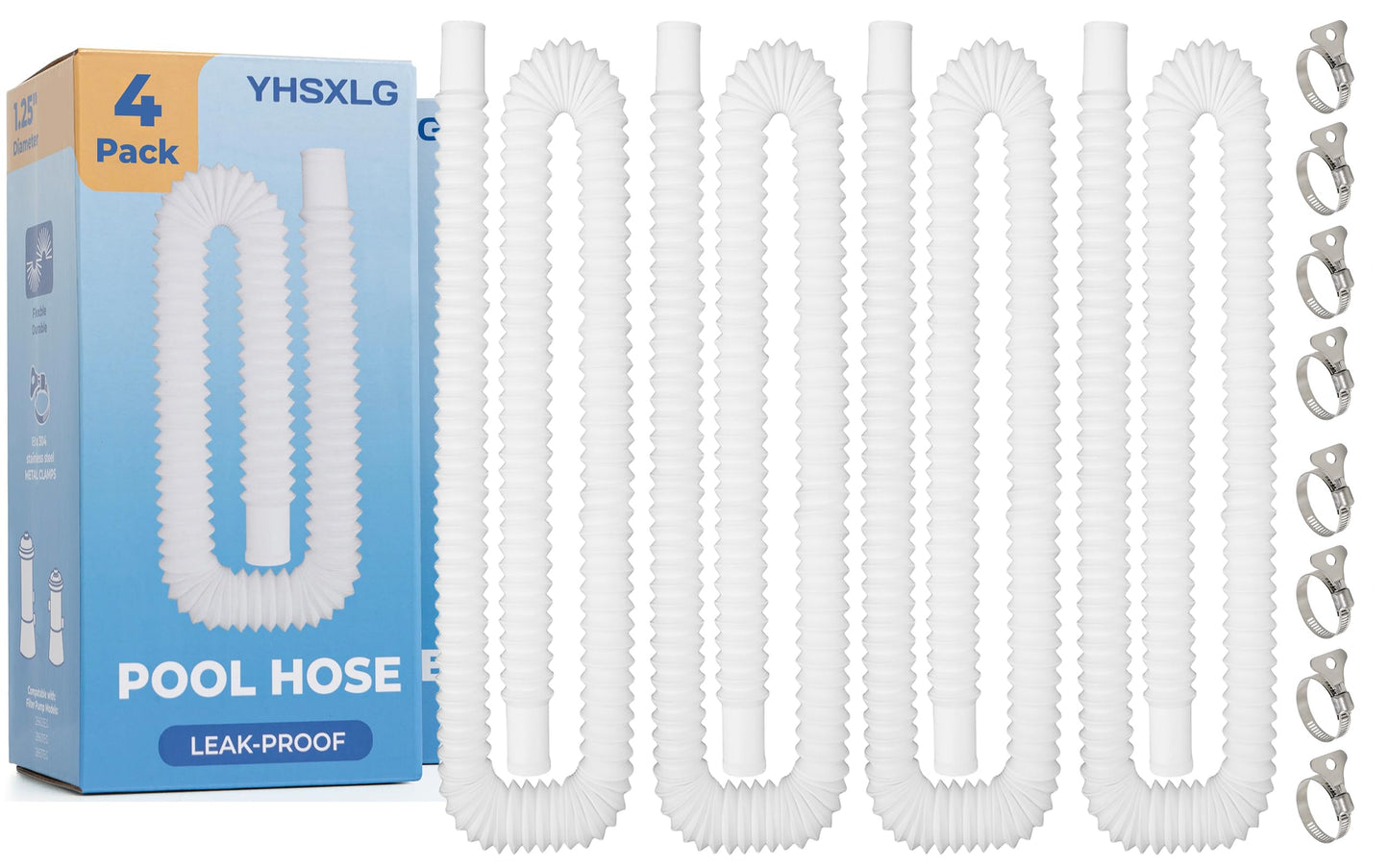 Pool Hoses for Above Ground Pools, 4 Pack 1.25 Inch Pool Filter Pump Hoses, Compatible with Pool Filter Pump 607, 637 With 8 Metal Clamps