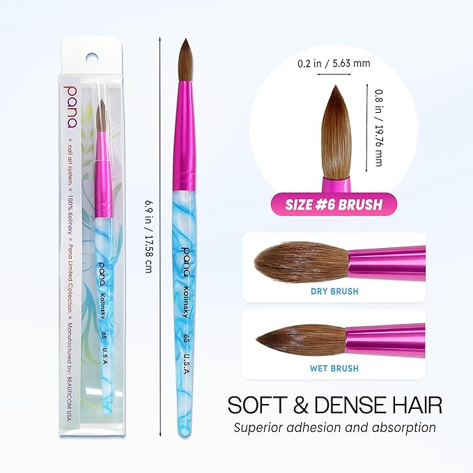 PANA Pure Kolinsky Hair Acrylic Nail Brush - Round Shape Pink Ferrule with White Swirl Blue Handle (Size 6) - Nail Brush for Acrylic Nail Application, Nail Extension, Manicure Pedicure Salon Beginner