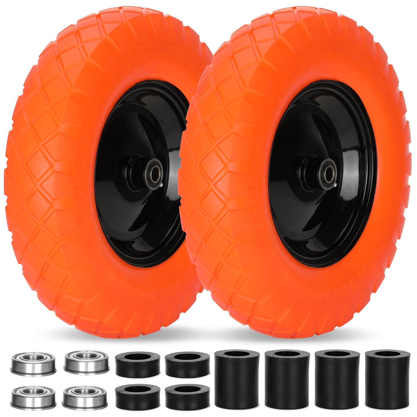 Pontuss Upgraded 16" Flat Free Wheelbarrow Wheels and Tires, 4.80/4.00-8 Solid Tires with 5/8"&3/4" Bearings, Universal Fit for Wheelbarrows/Garden Trailer