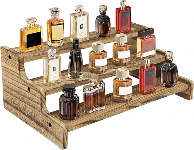 Wooden Cologne Organizer for Men, Perfume Organizer Stand, Cologne Stand with Anti-Slip Washers, Wooden Display Risers Stand for Dessert, Cupcake, Charcoal-Grilled, 3-tier-13.8in