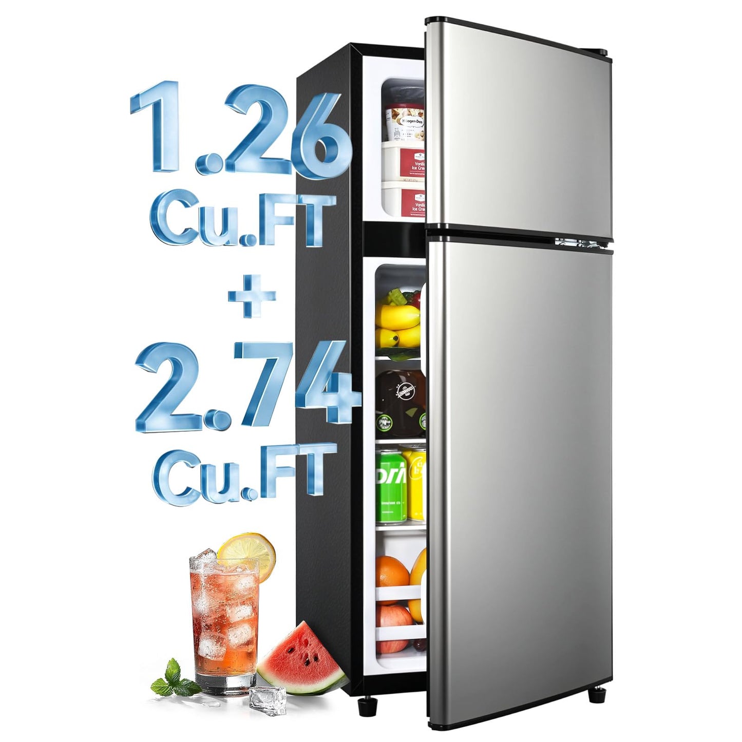 Anypro 4.0 Cu.Ft Fridge with Freezer, Double Door Refrigerator with 6 Level Thermostat, Silver