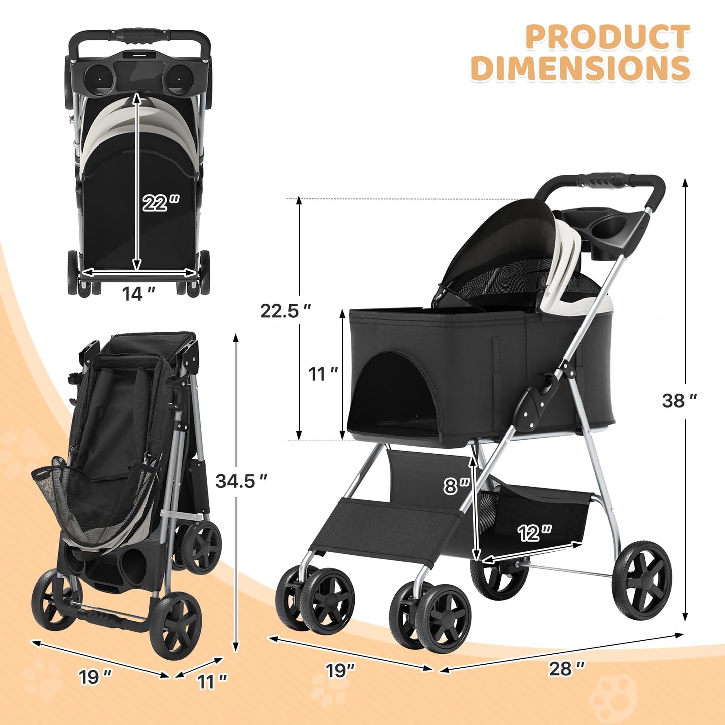 Magshion Foldable Pet Stroller, 3-in-1 Dog Travel Jogger with Detachable Carrier, Cup Holder, Storage Basket, Folding Carrier for Small/Medium Dogs & Cats Up to 33 lbs, Black