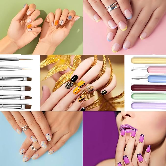 Nail Art Brushes, Nail Design Painting Brush Set with Nail Polish Brush, Nail Liner Brush, Nail Extension Gel Brush, Builder Nail Gel Brush, and Multi-Size Dotting Pens for DIY Nail Art