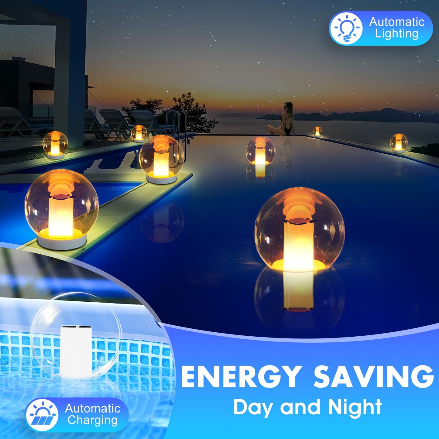 Floating Pool Lights, Solar Flame Lights Flickering IP68 Waterproof Ball Night Light, Outdoor Lantern Landscape Decoration Lamp for Pool, Pond, Event, Party, Garden(2pcs)
