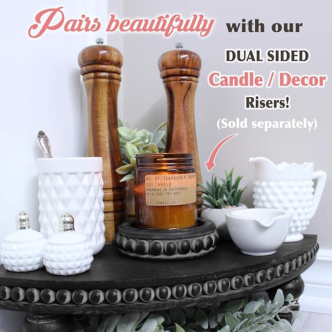 Corner Pedestal Stand Rustic Decor Riser for Display - Farmhouse Wood Rounded Beaded Tray for Kitchen and Bathroom Countertop Organizer, Coffee Bar, Plant Stand with Removable Feet (Rustic Black)