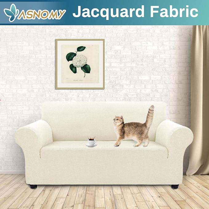 Asnomy Sofa Covers for 2 Cushion Couch Stretch loveseat Covers Slipcovers, Pet Protector Furniture Covers for Dogs Cats Spandex Jacquard Fabric Small Checks （Medium，Off-White）