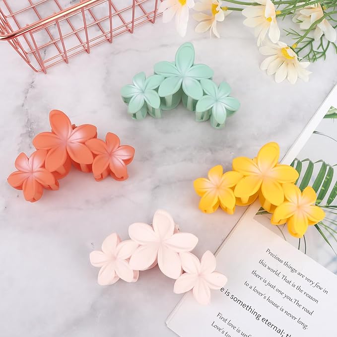 ANBALA 4PCS Flower Hair Accessories: Colorful Hawaiian Plumeria Claw Clips for Thick Hair - Large, Non-Slip, Strong Hold Beach Clips
