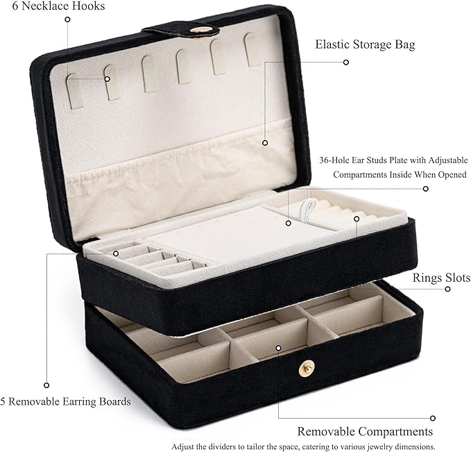 MODENGKONGJIAN Jewelry Organizer Box, 2-Layer Large Jewelry Storage Case, Portable Travel Jewelrys Display Holder for Earrings, Necklaces, Bracelets (Black,Velvet)