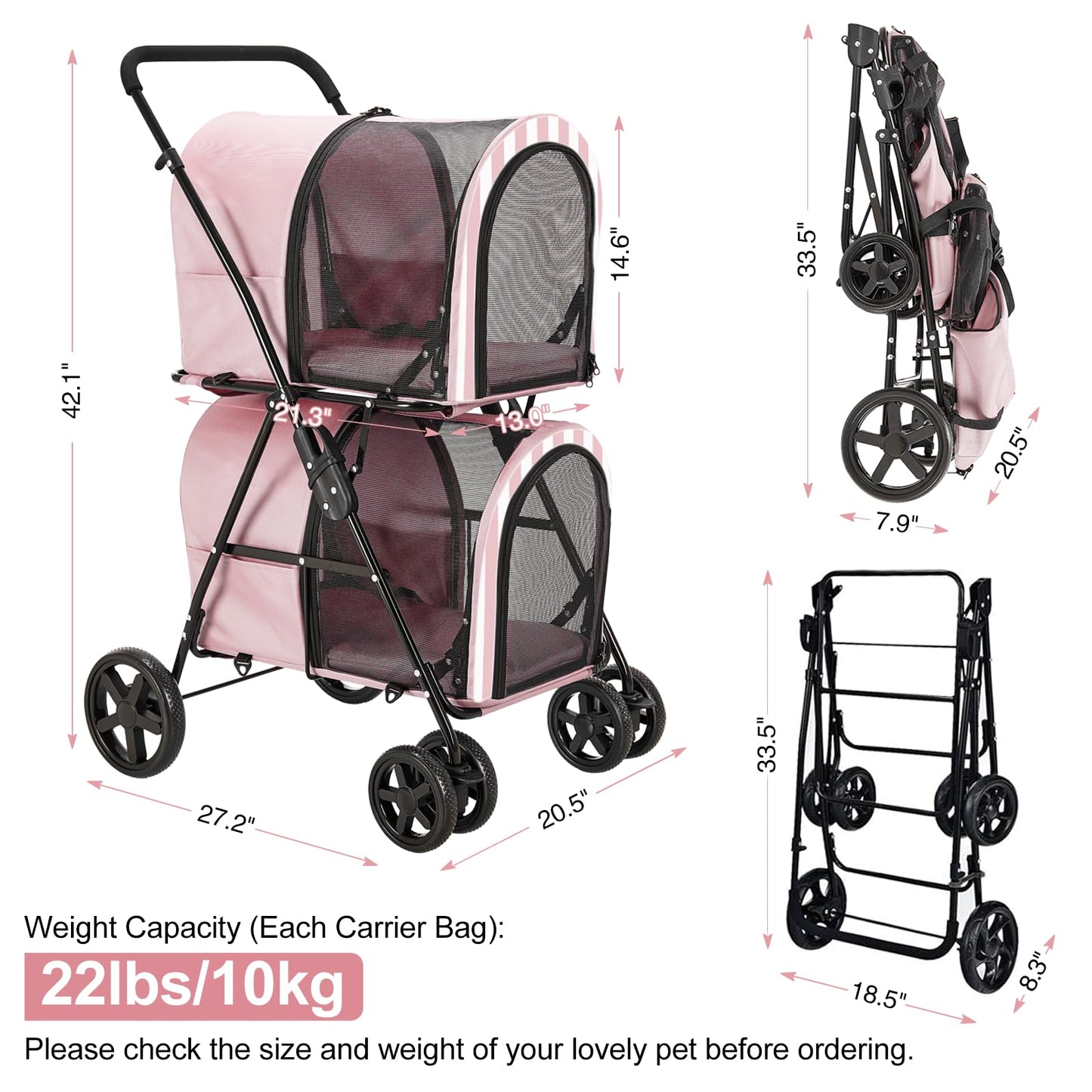 LPOTIUS Double Pet Stroller for Dogs and Cats with 2 Detachable Carrier, Quick-Folding Dog Stroller for Medium Small Dogs Cats, 4 Wheels, Light Pink