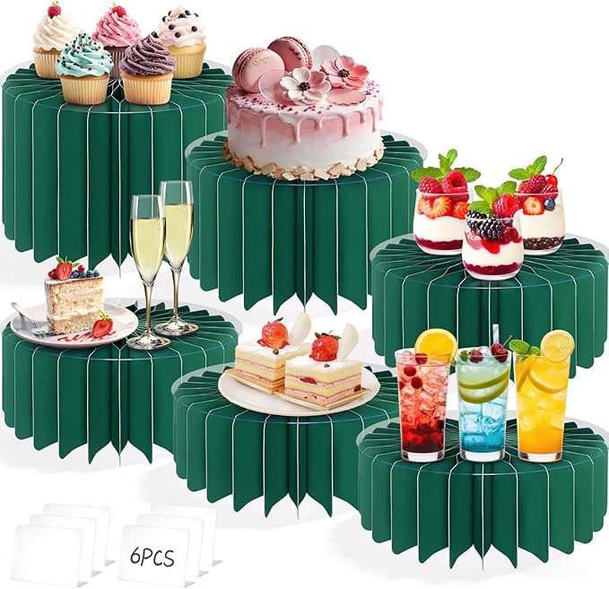 6Pcs Buffet Risers, Food Risers for Table, Foldable Cake Display Stands, Tall Cardboard Cupcakes Stand for Show Catering Desserts Jewelry Wedding Birthday Party Decoration (Green)