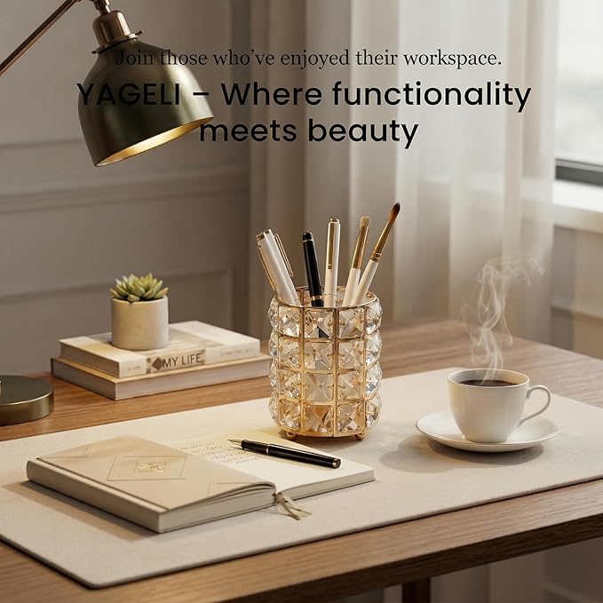 YAGELI Crystal Pen Holder for Desk, 3.58" Gold/Silver Metal Pencil Cup, Elegant Office Desk Accessories for Women, Modern Home Office Decor, Teacher Gift - Compact Vanity Makeup Brush Organizer(Gold)