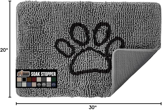 GORILLA GRIP SoakSTOPPER Dog Door Mat, 30x20 Machine Washable Rug Absorbent Doormat Captures Moisture Mud Dirt, Quick Dry Soft Chenille Entryway Rugs Indoor Entrance Mats for Dog Paws, Paw Grey