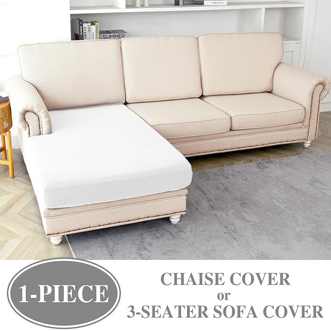 Couch Cushion Cover Chaise Lounge Cover Washable Separate Seat Chaise Couch Cover Stretch Sectional Sofa Slipcover(1 Piece for Chaise or Sofa 3-Seater, White)
