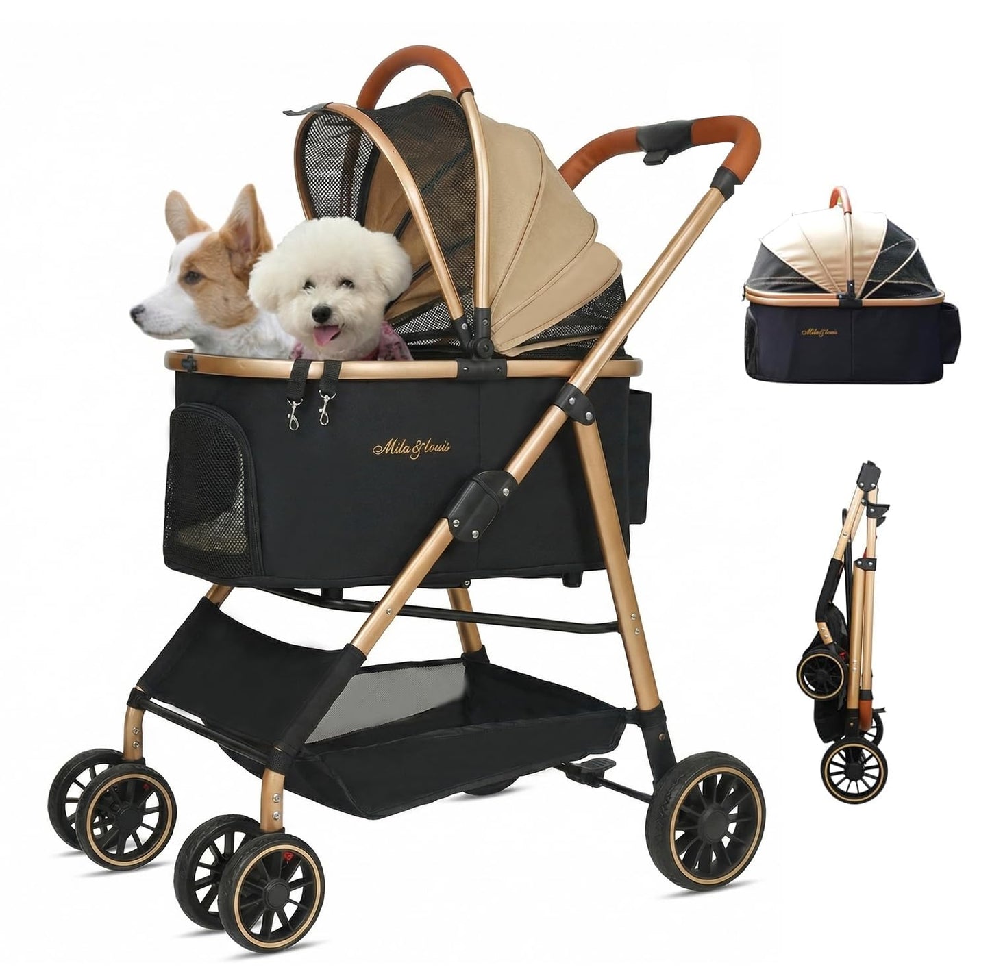 MILA&LOUIS Dog Stroller, 24" Pet Cradle, Lightweight & Stylish Pet Stroller for Small and Medium Pets, 33 Lbs Capacity with Cup Holder, Hook, Detachable Aluminum Cradle (Khaki)