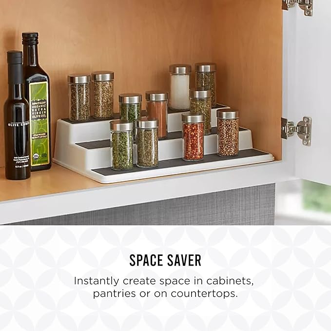 Copco Non-Skid 3-Tier Spice Rack Organizer for Cabinet - 10 Inch Kitchen Pantry Organizer with Raised Rims, White and Gray Step Shelf for Spices, Cans, Jars - Easy Clean Storage Solution