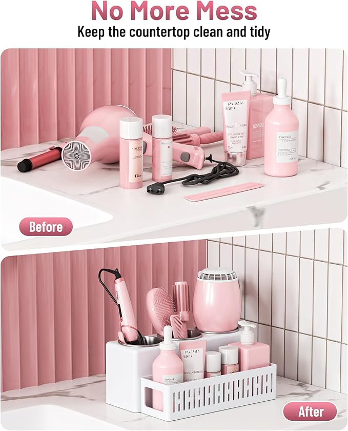 Hair Tool Organizer, Detachable Hair Dryer Holder with 3 Stainless Steel Cups, Wall Mounted Bathroom Organizers and Storage for Accessories, Curling Irons, Straighteners, Toiletries, Makeup