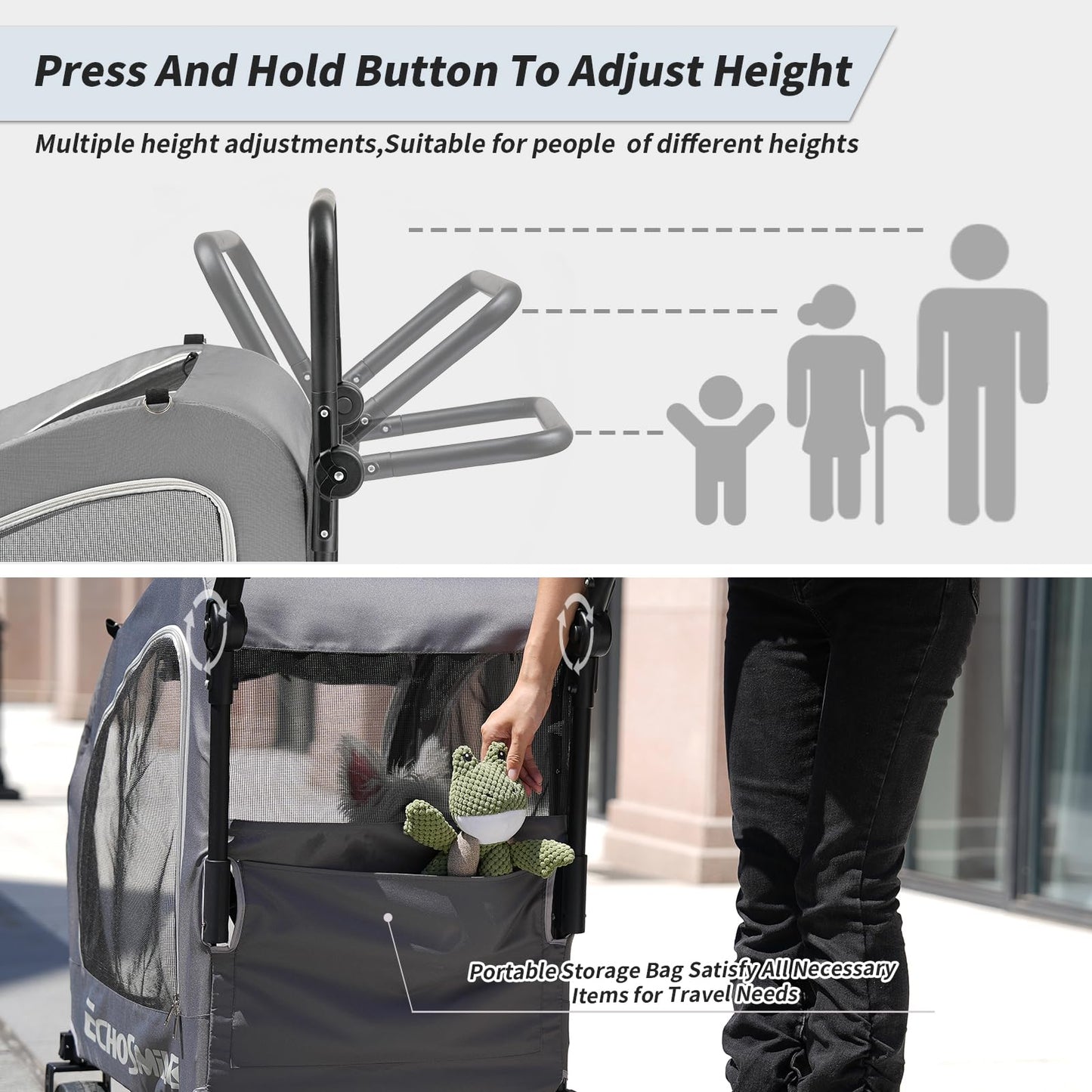 EchoSmile 4 Wheels Pet Stroller, Dog & Cat Stroller for All-Season, Lightweight Carrier with Storage Basket, Adjustable Handle, Removable Pad, Breathable Mesh, Up to 135 lbs, Grey