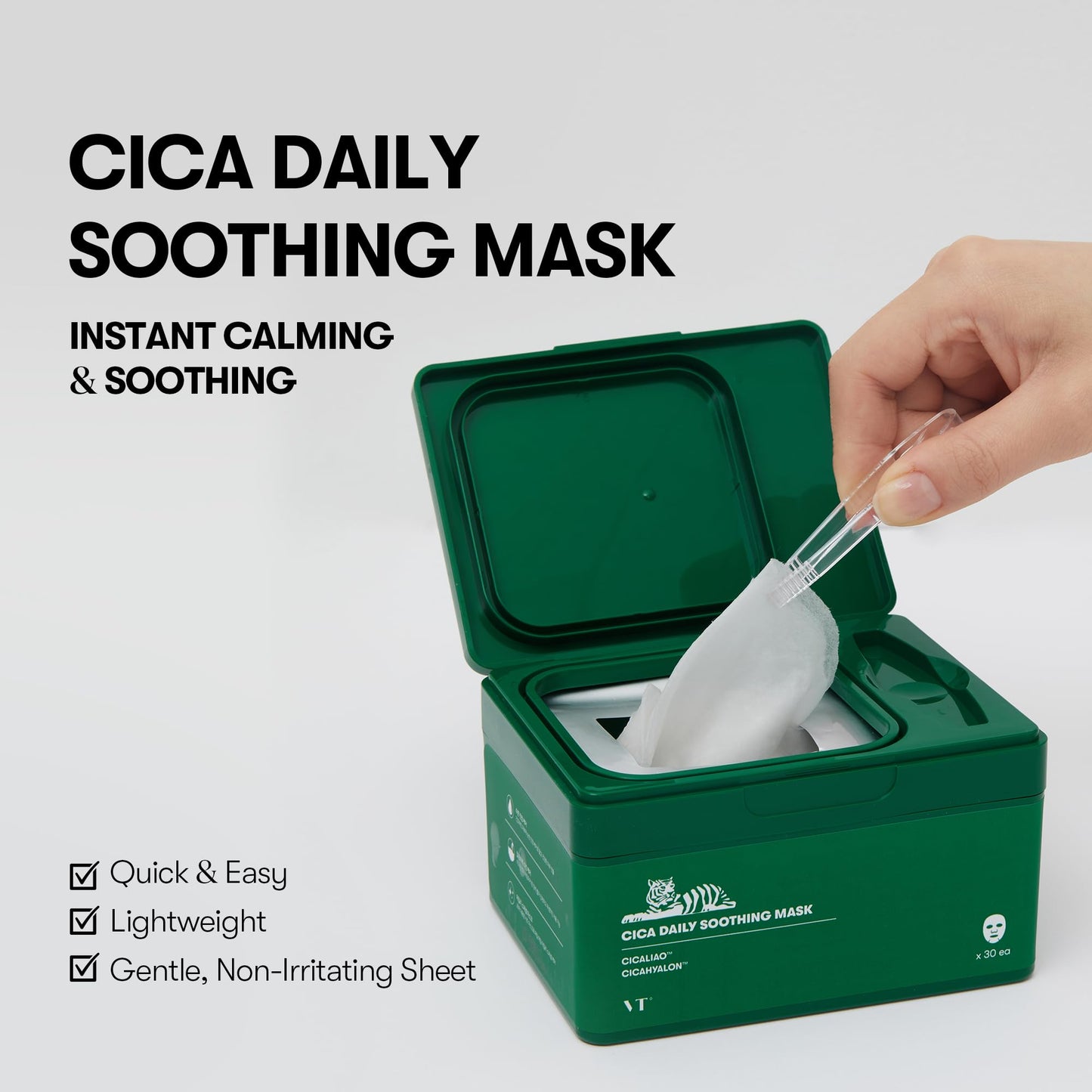 VT COSMETICS CICA Daily Soothing Mask 30 Sheets, Centella Asiatica & Hyaluronic Acid for Moisturizing & Hydrating, Instant Calm & Glow, Skin Softening Facial Mask, Korean Face Mask