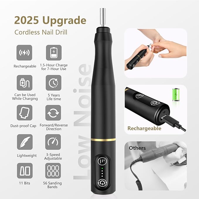 Cordless Nail Drill Electric Rechargeable File Kit, Professional Efile Acrylic Gel Nail Polish Remover Pedicure Manicure Machine Portable Set with 11 Bits 56 Sanding Bands for Salon Black
