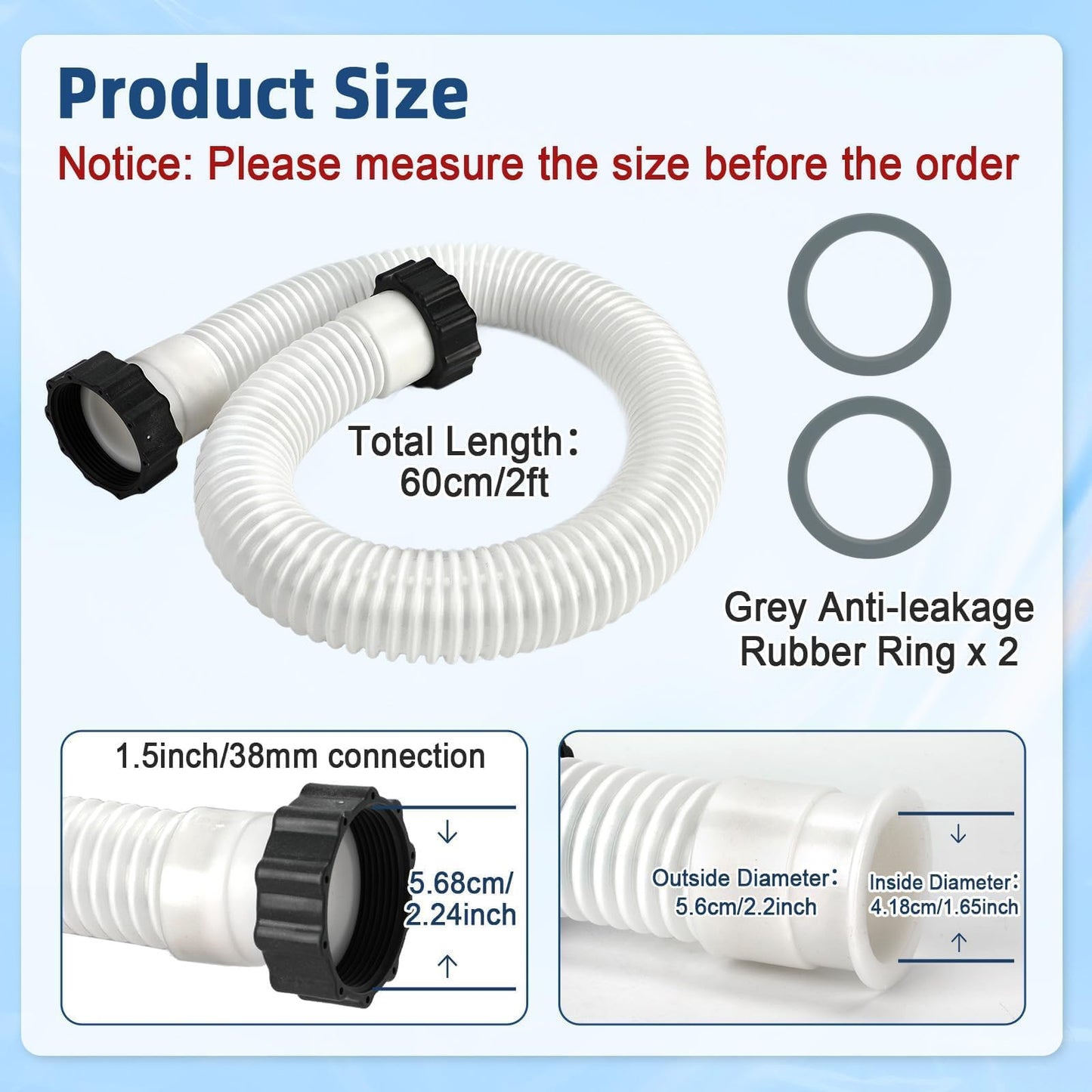 Conderyang 24inch 1 1/2" Pool Sand Filter Pump Hose For Above Ground Pool 2ft 1.6 Inch Eva Pool Sand Pump Replacement Hose For Saltwater Systems And Sand Filters (White)