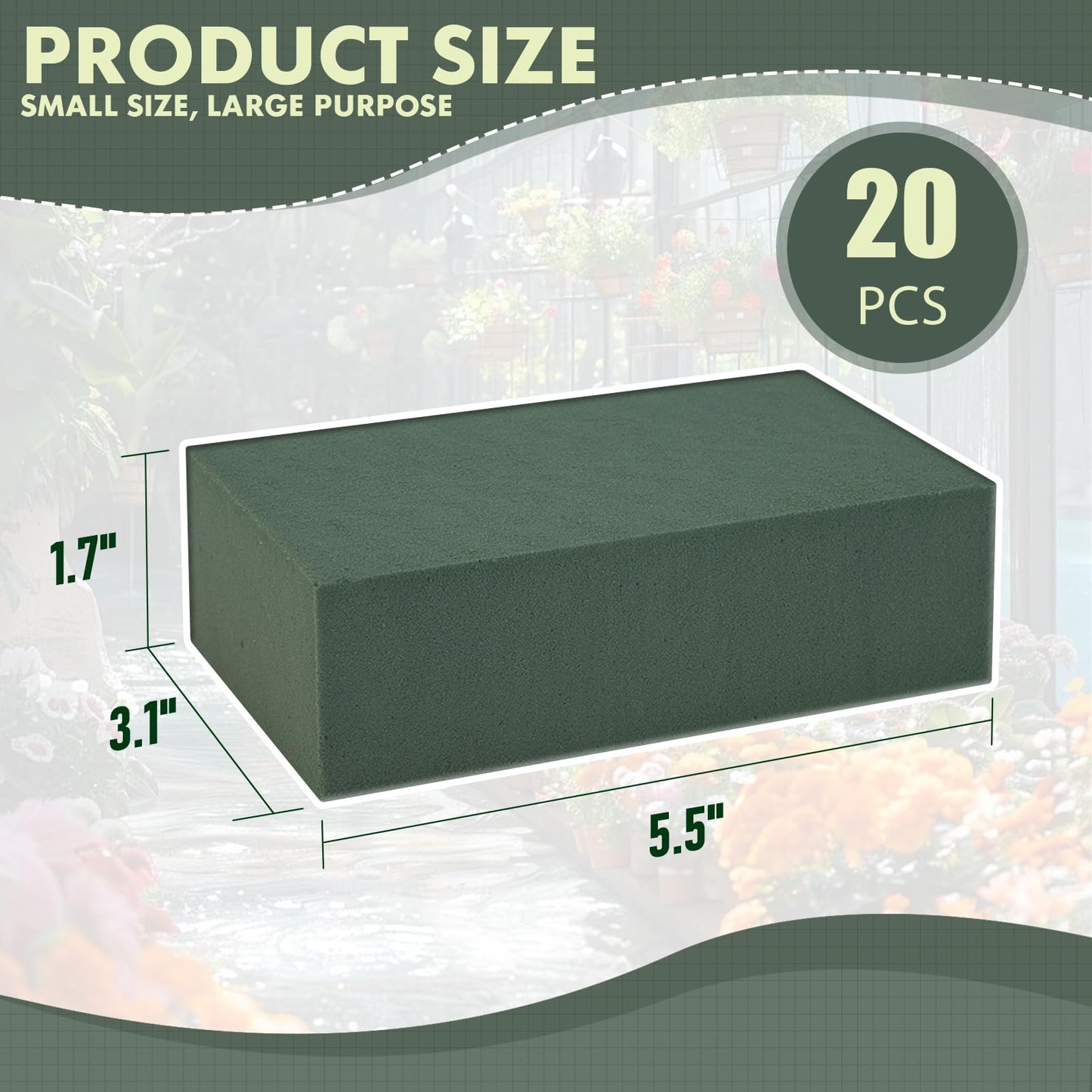GNRZZT 20 PCS Floral Foam Blocks, 5.5"L x 3.1"W x 1.7"H Green Dry & Wet Flower Foam for Fresh and Artificial Flowers, Plant Foam for Wedding, Birthdays, Pary, Home Decorations